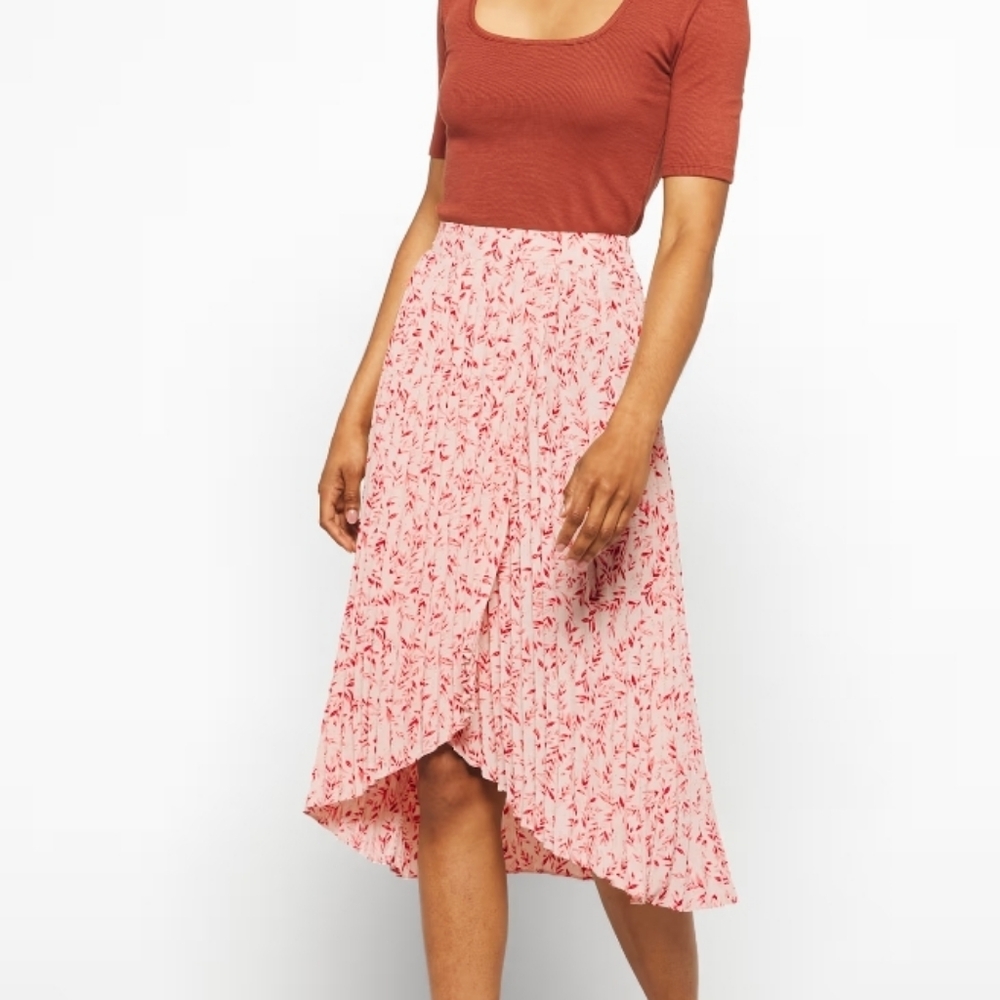 NWT Skies Are Blue Cream Pleated Midi Skirt with Rust/Pink Leaf Print, Size L